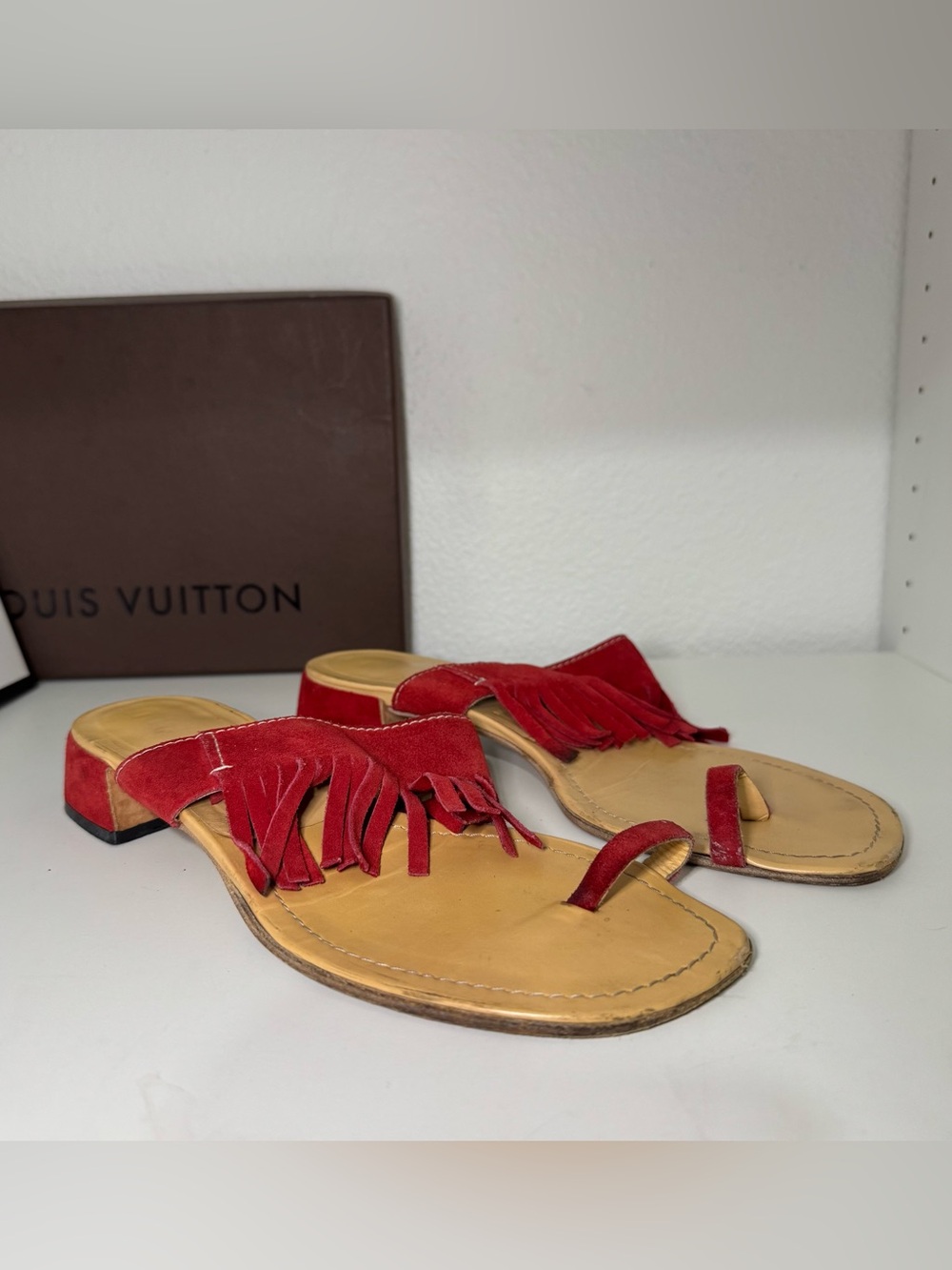 Miu Miu Red Suede Fringe Toe-Ring Sandals